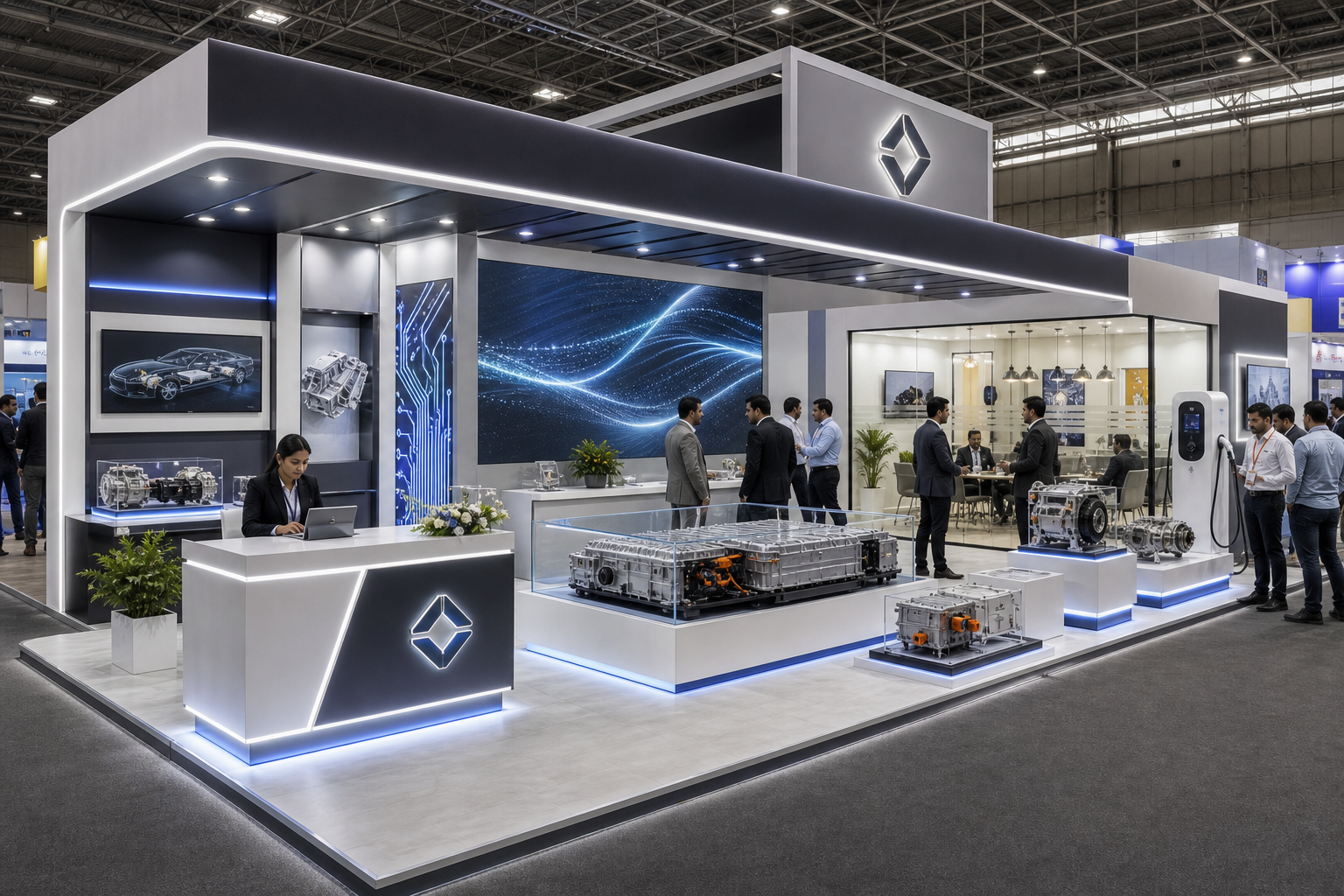 Bright premium exhibition booth concept for Automotive Components Booth Design