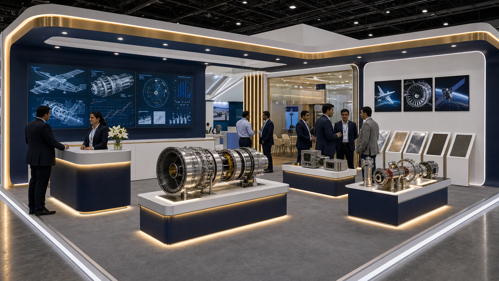 Unbranded aerospace supplier booth with turbine assembly, avionics modules, materials samples and private meeting rooms