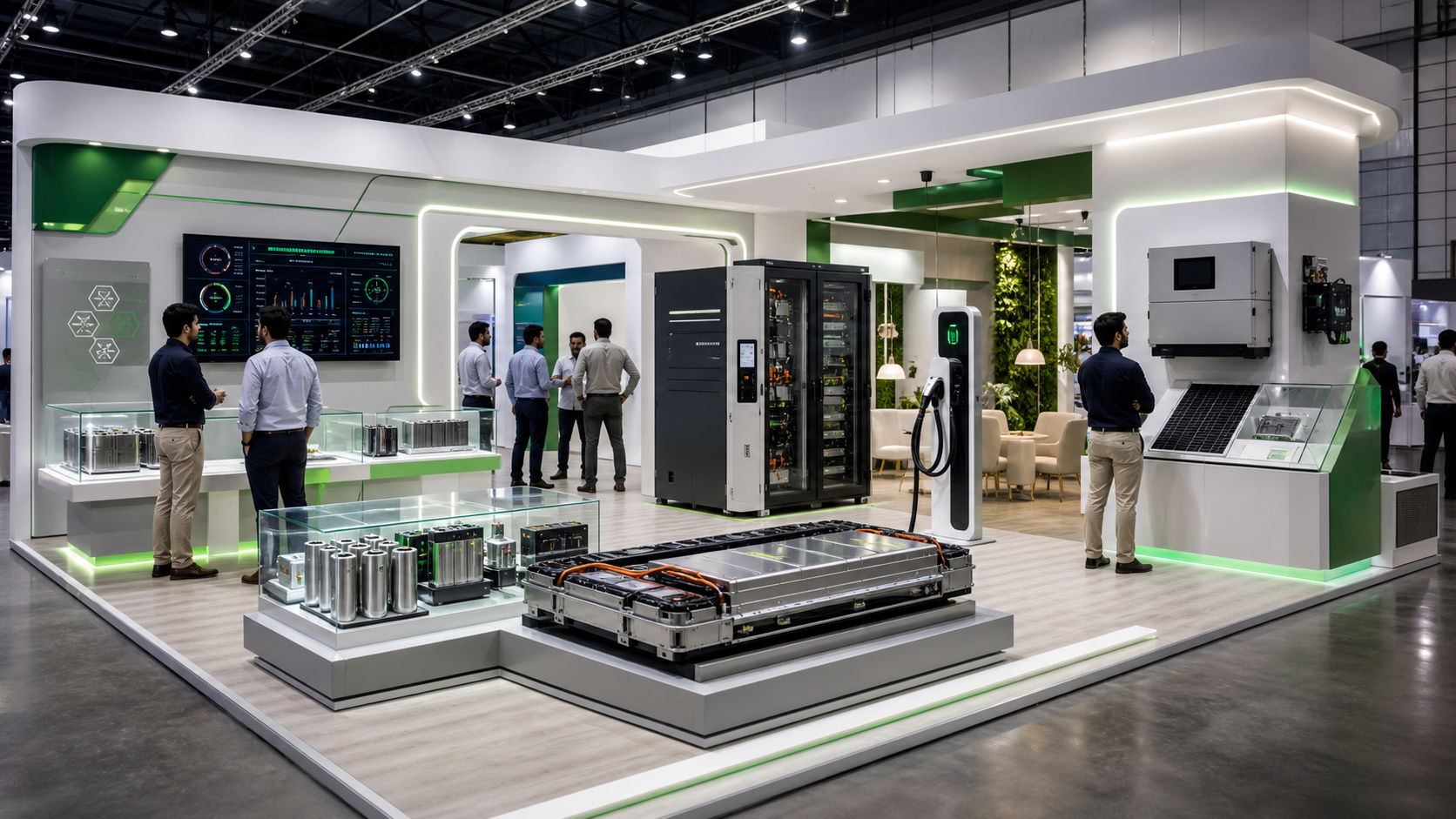 Unbranded battery technology booth with cell displays, BESS cabinet, charging pedestal and safety telemetry