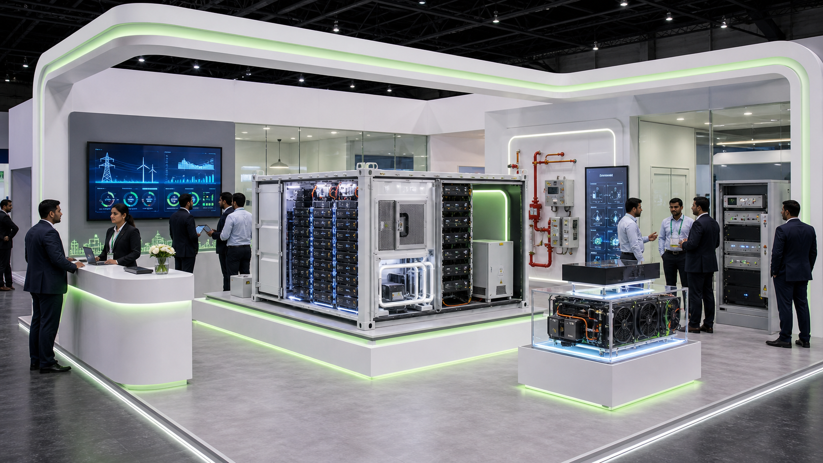 Unbranded BESS booth with containerised battery rack cutaway, safety systems and grid visualisation