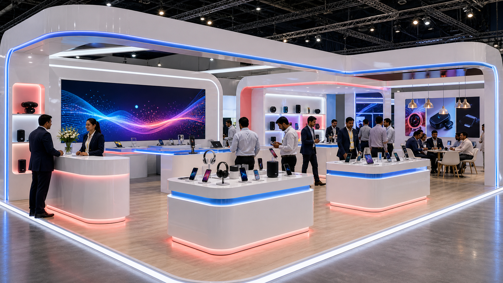 Unbranded consumer electronics booth with phones, wearables, audio products, demo islands and channel lounge