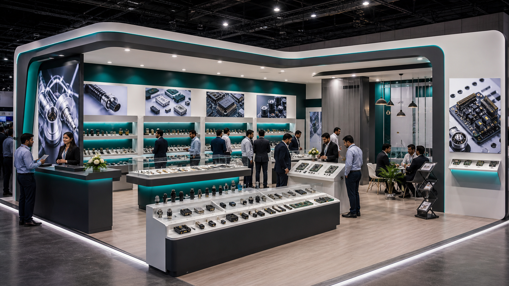 Consumer electronics & appliances expo booth design in India 2027 booth concept in a premium exhibition hall