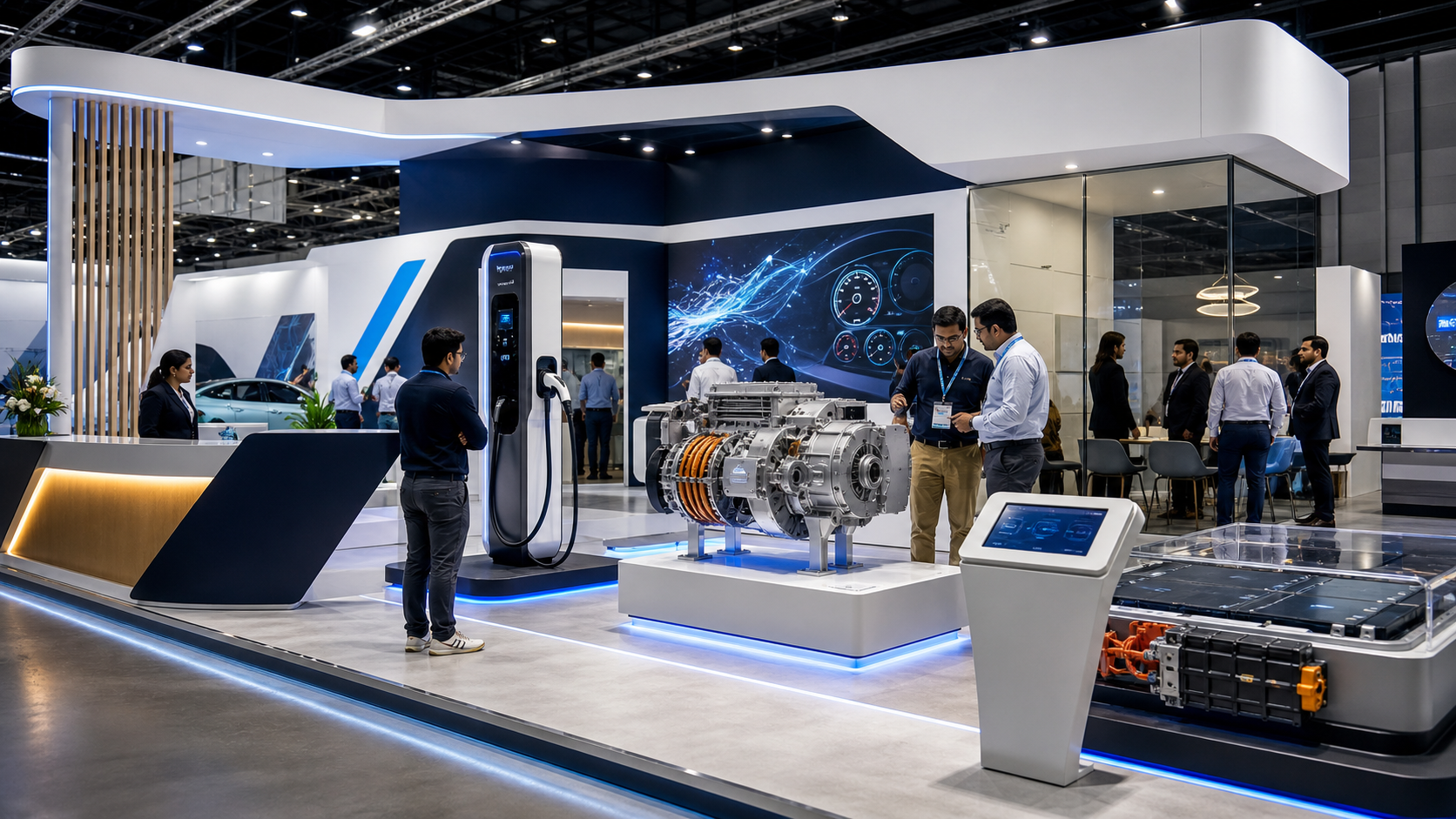 Unbranded EV manufacturer exhibition booth with charging unit, powertrain cutaway and visitor demo zones