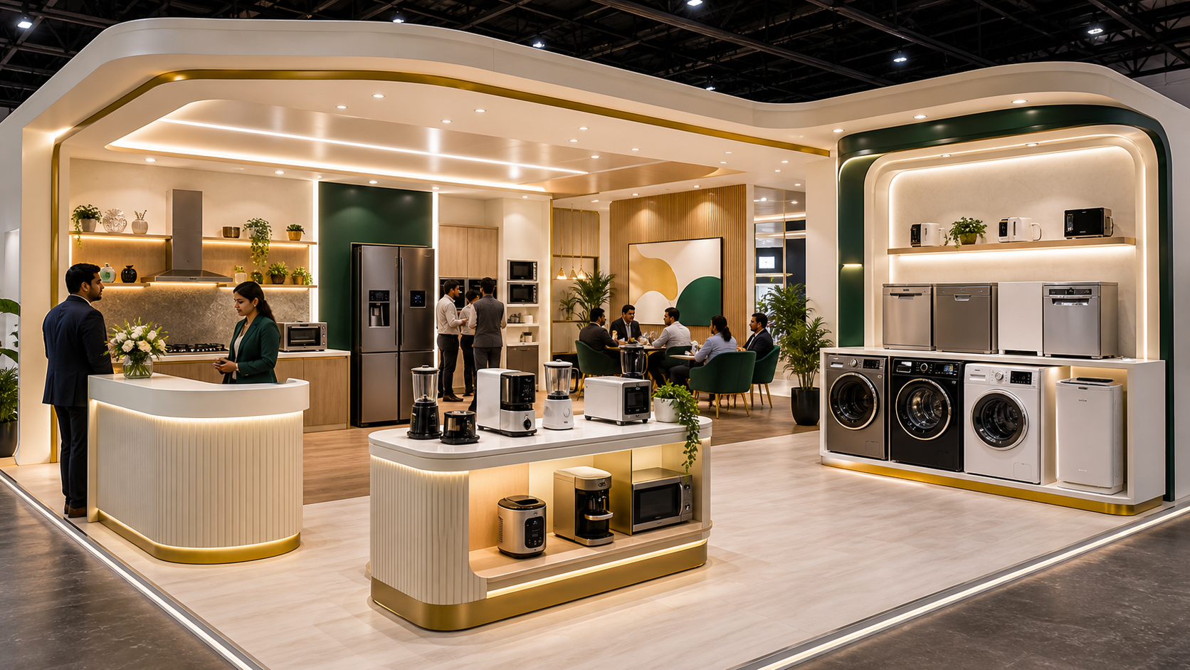 Unbranded home appliance booth with refrigerators, washing machines, kitchen appliances and channel lounge