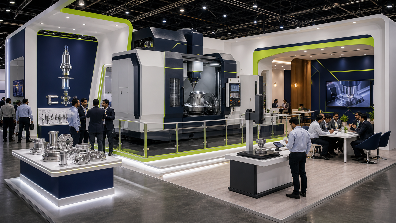 Unbranded 5-axis machine-tool booth with tooling display, safety perimeter and payback meeting zone