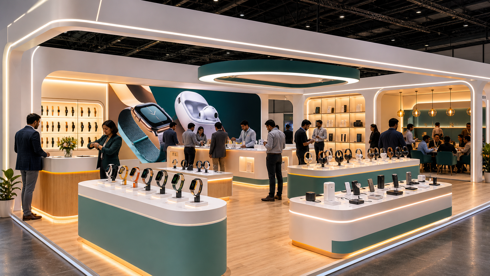 Unbranded mobile electronics booth with wearables, headphones, chargers, product islands and distributor lounge