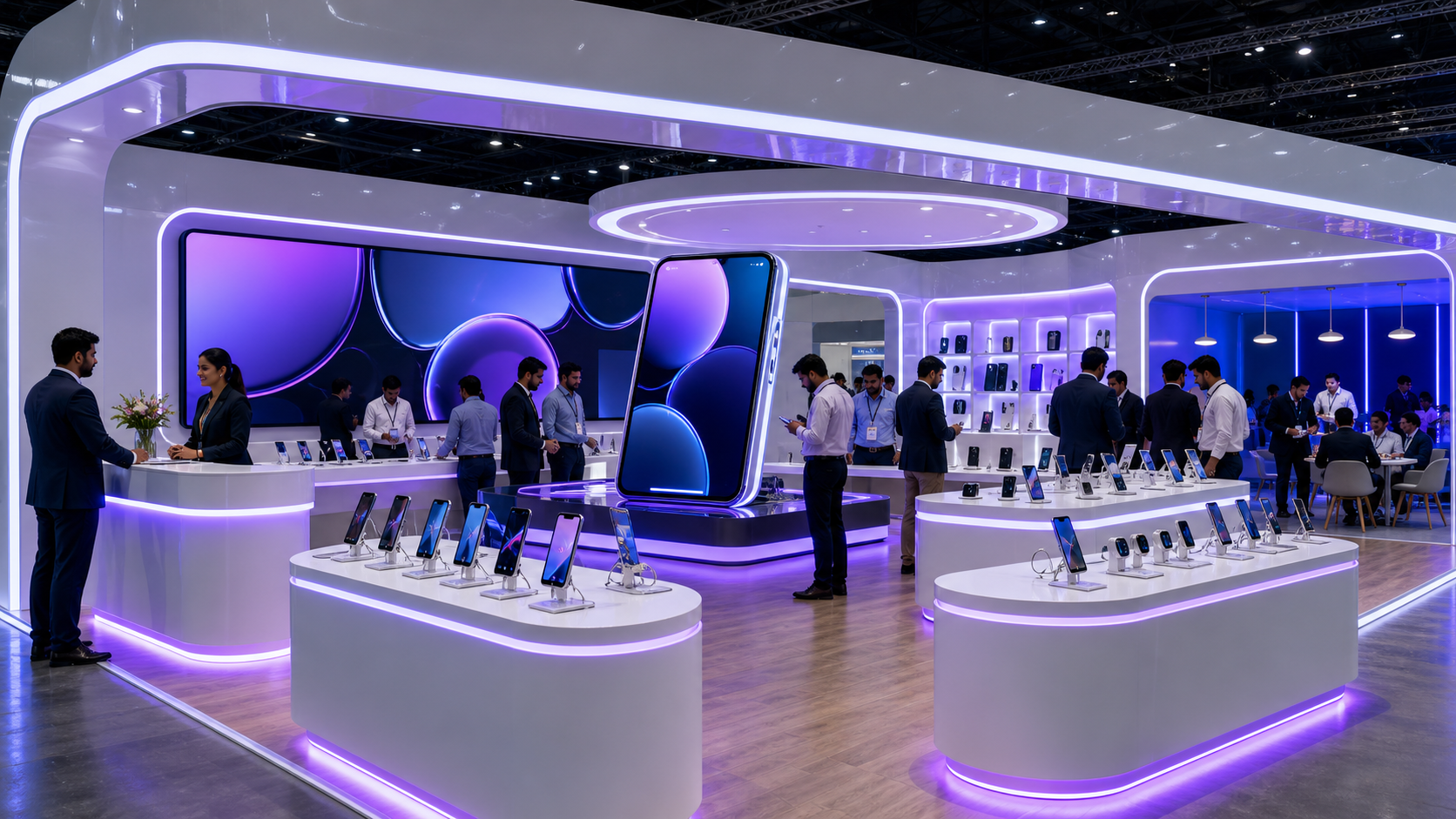 Unbranded smartphone booth with tethered handset rails, hero phone display and private channel lounge