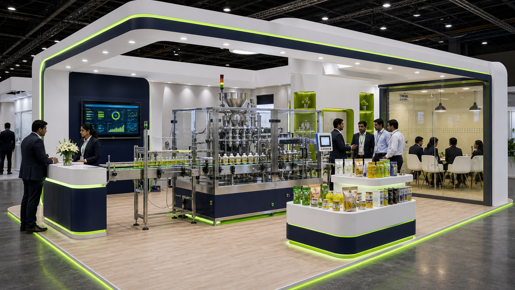 Unbranded packaging machinery booth with guarded filling line, conveyor, dashboard and ROI meeting room