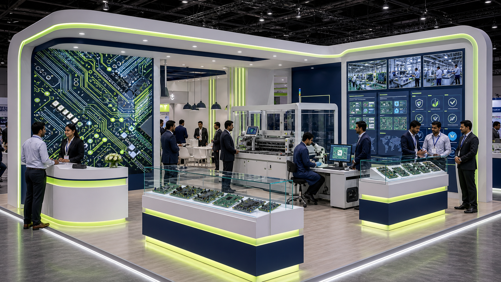 Unbranded PCB and EMS booth with sample boards, inspection station, process line and certification wall