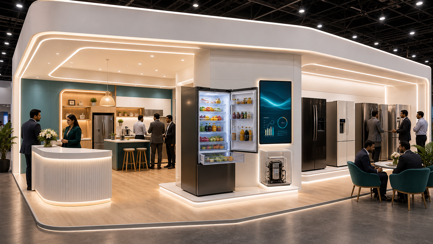 Unbranded refrigerator booth with open lit fridge, finish lineup, kitchen set and channel meeting area