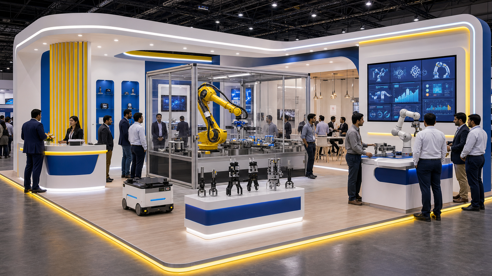Unbranded robotics booth with robot arm, cobot bench, AMR display and application demo zones