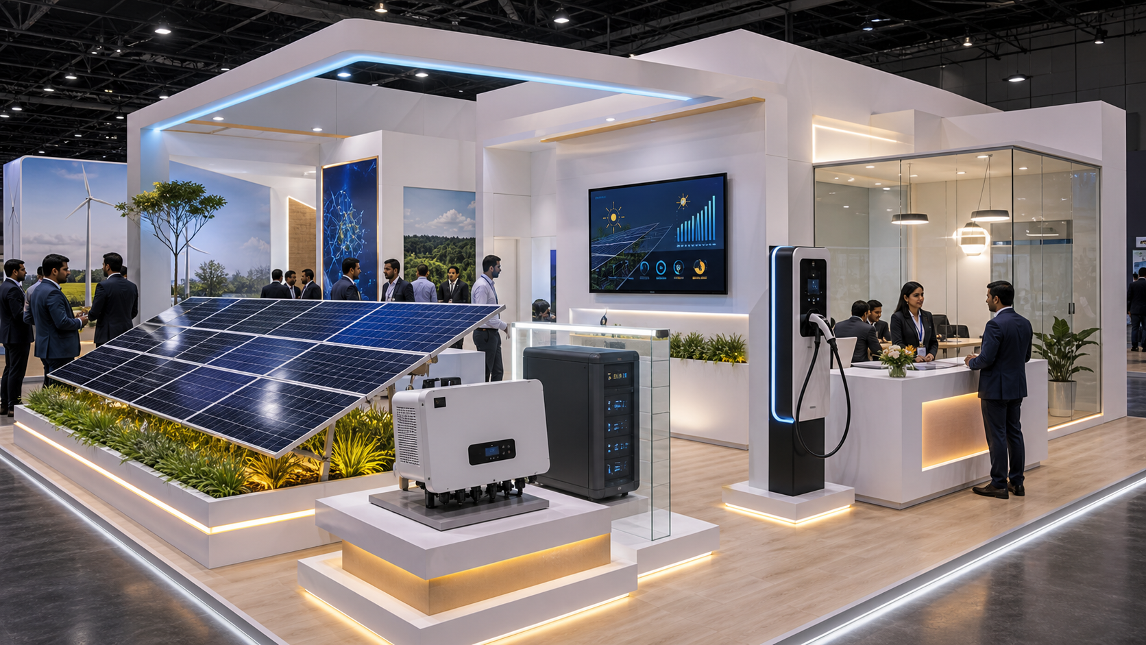 Unbranded solar booth with angled panel arrays, inverter, BESS cabinet, charging point and energy display