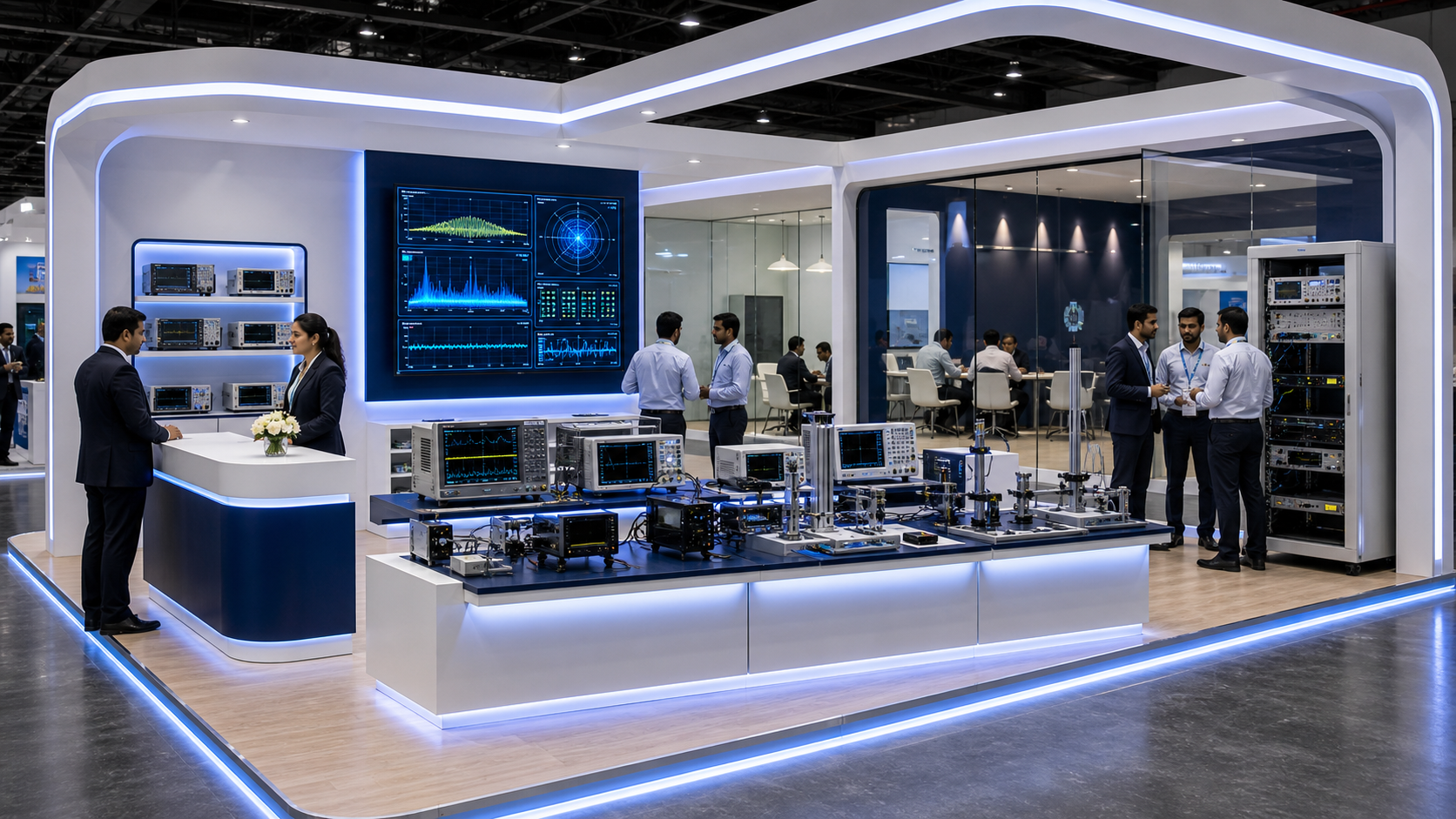 US test & measurement company booth concept in a premium exhibition hall