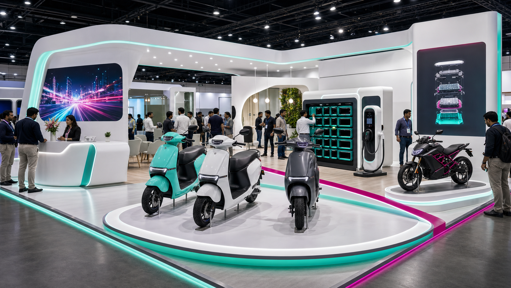 Unbranded two-wheeler EV booth with electric scooters, motorcycle, swappable batteries and charging dock