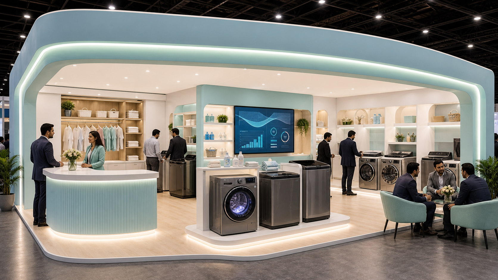 Unbranded washing machine booth with laundry set, lit washer drum, demo counter and channel meeting zone
