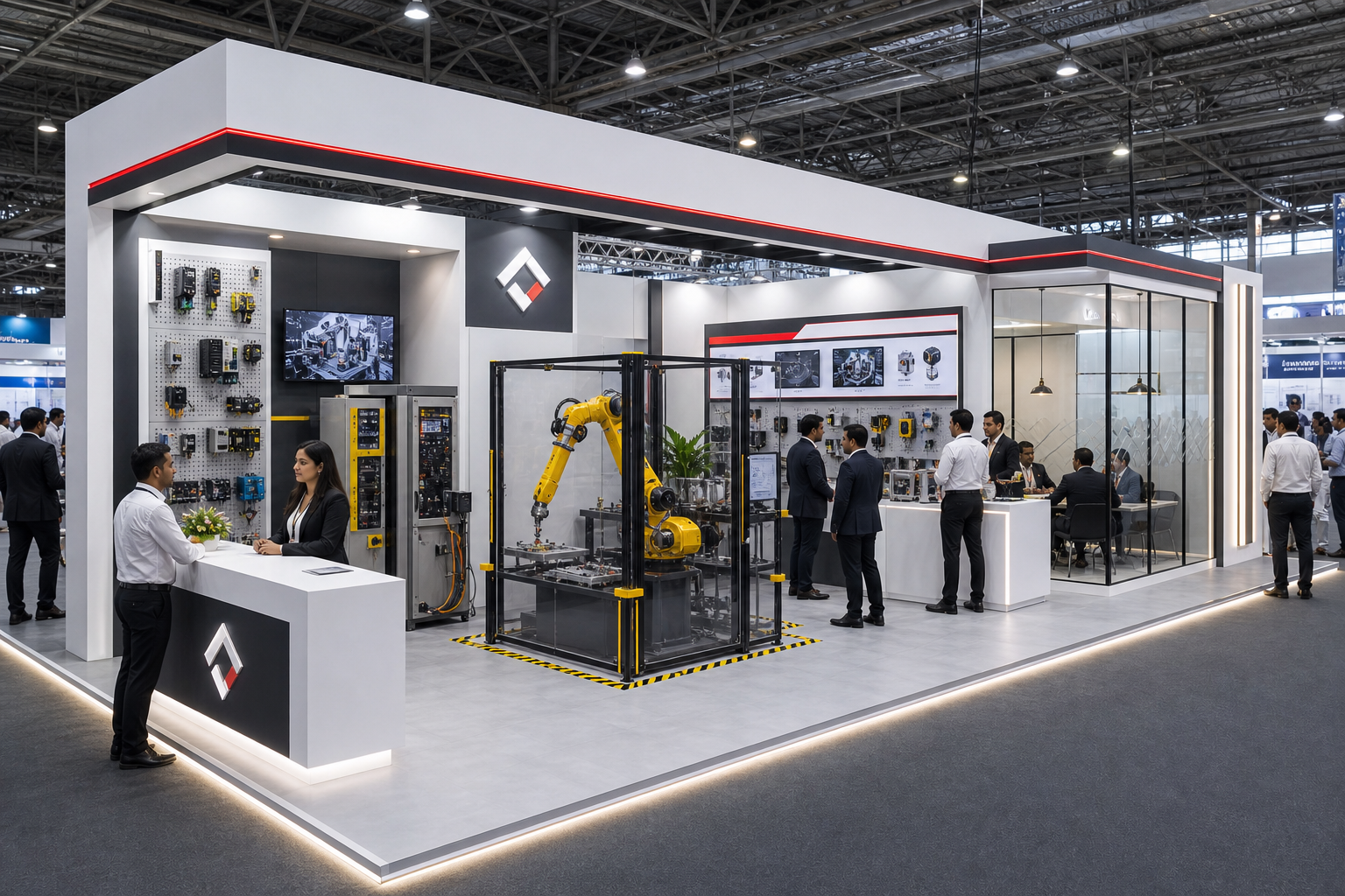 Double-decker exhibition booth design in India booth concept in a premium exhibition hall