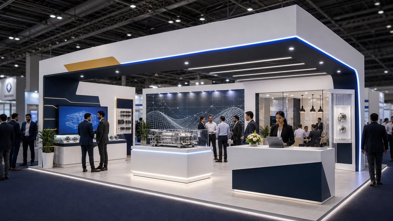 Premium anonymous exhibition booth with central product plinth, reception desk and visitor flow