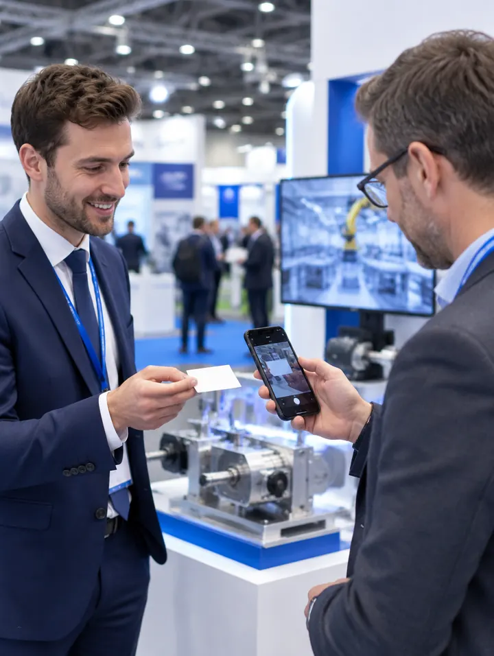 Two engineering professionals exchange a business card and scan it with a phone at a manufacturing trade show