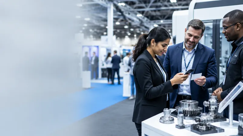 Engineers and a supplier discuss a manufacturing component display at an engineering trade show in Birmingham while one professional scans a business card with a smartphone