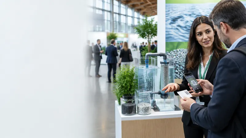 Fiera dell’economia circolare a Rimini: una professionista scansiona un biglietto da visita con lo smartphone accanto a un impianto per il recupero di acqua e materiali