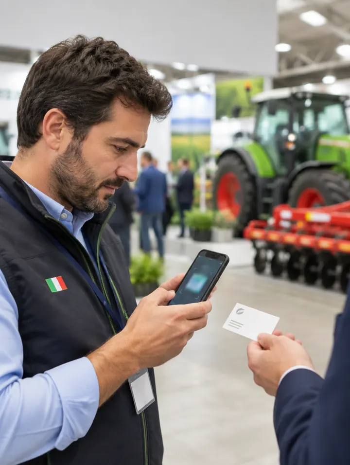 Due professionisti si scambiano un biglietto da visita e lo scansionano con uno smartphone