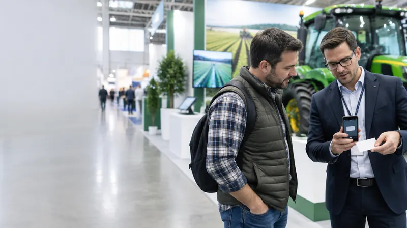 Fiera delle macchine agricole a Bologna: un professionista allo stand scansiona un biglietto da visita con lo smartphone