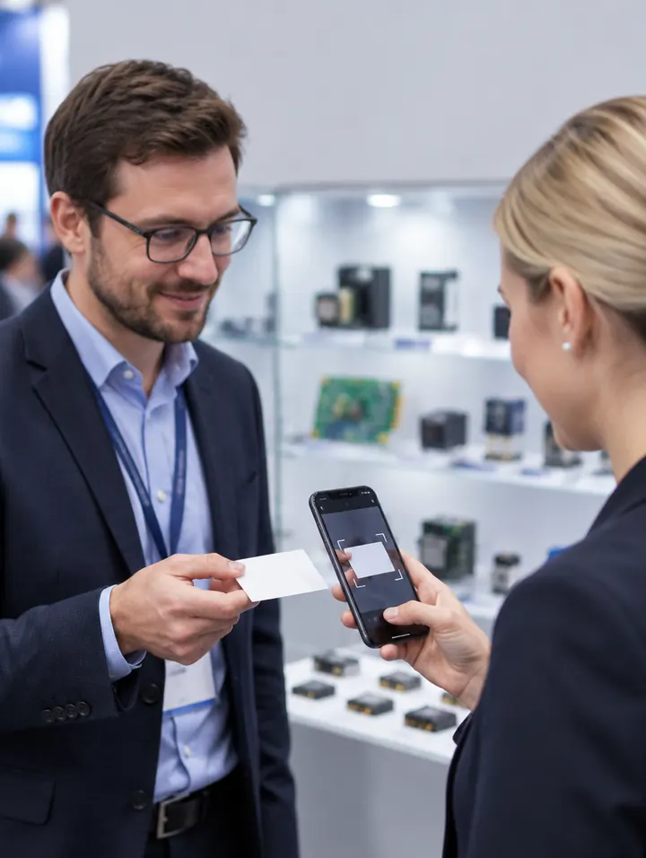 Zwei Fachleute tauschen eine Visitenkarte aus und scannen sie mit einem Smartphone
