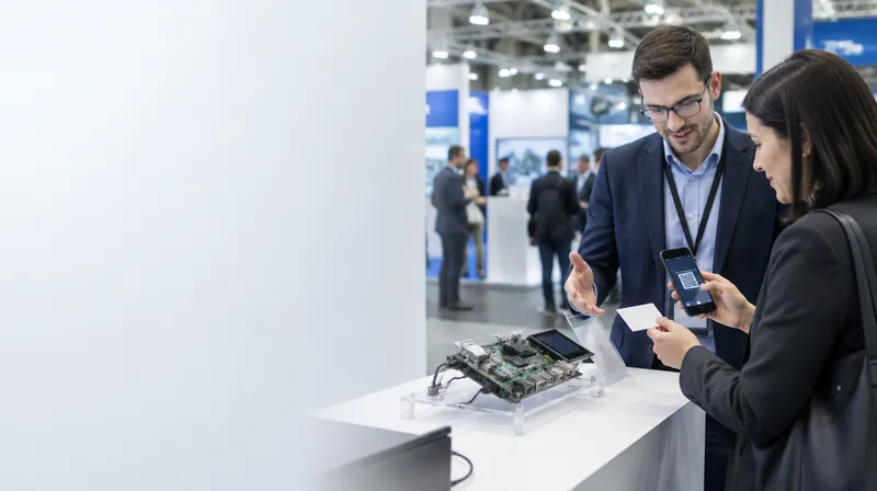 Elektronikfachmesse in München: Fachbesucher im Gespräch am Stand, eine Person scannt eine Visitenkarte mit dem Smartphone