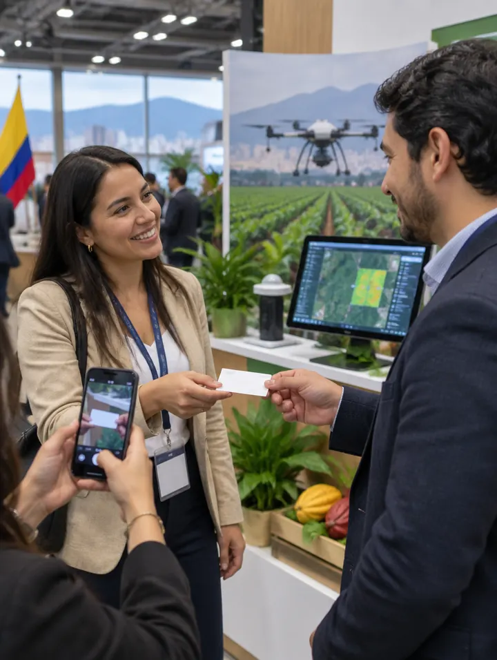 Dos profesionales del agro intercambian una tarjeta de presentación y uno la escanea con el celular