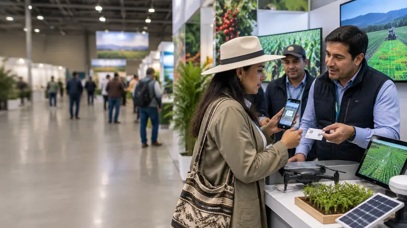 Feria agroindustrial en Corferias, Bogotá, con pantallas de agricultura de precisión en los stands; un profesional escanea una tarjeta de presentación con su celular