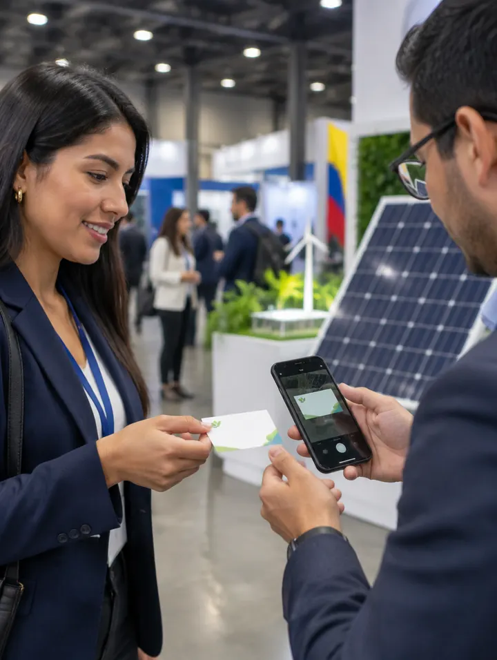 Dos profesionales del sector de energía limpia intercambian una tarjeta de presentación y la escanean con un celular
