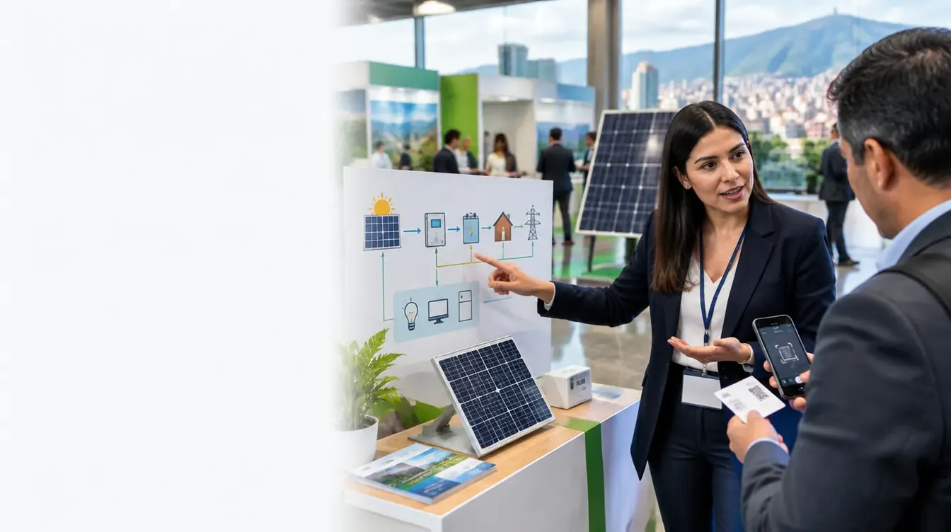 Feria de energía solar en Bogotá: un profesional escanea una tarjeta de presentación con su celular junto a una exhibición de paneles fotovoltaicos