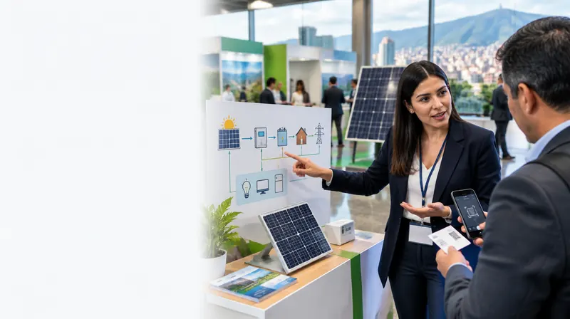 Feria de energía solar en Bogotá: un profesional escanea una tarjeta de presentación con su celular junto a una exhibición de paneles fotovoltaicos
