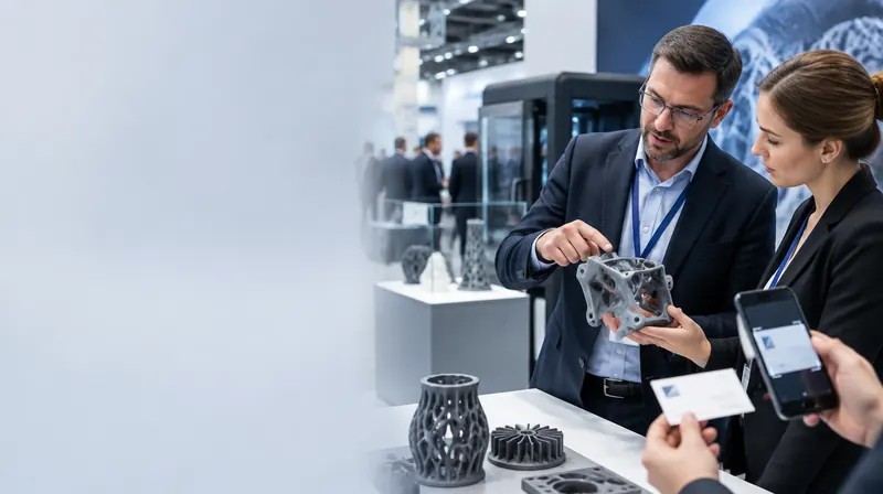 Fachmesse für additive Fertigung in Frankfurt am Main: Fachleute besprechen ein 3D-gedrucktes Bauteil, eine Person scannt eine Visitenkarte mit dem Smartphone