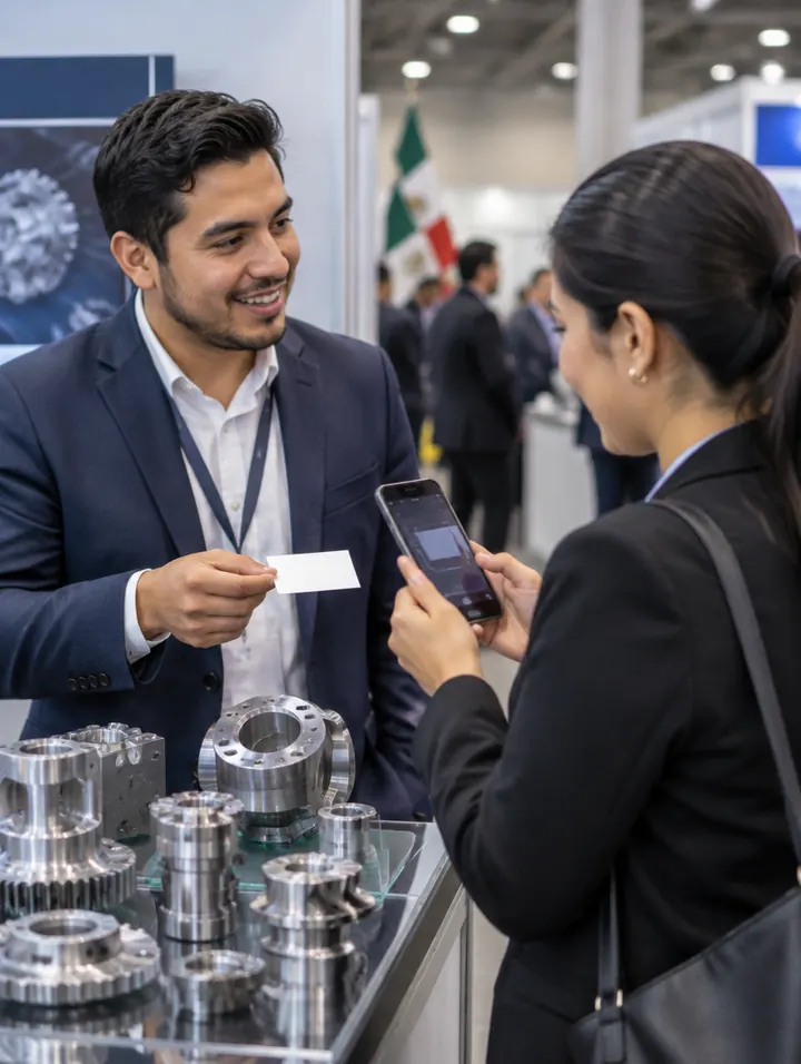 Dos profesionales de la industria metalmecánica intercambian una tarjeta de presentación y la escanean con un celular