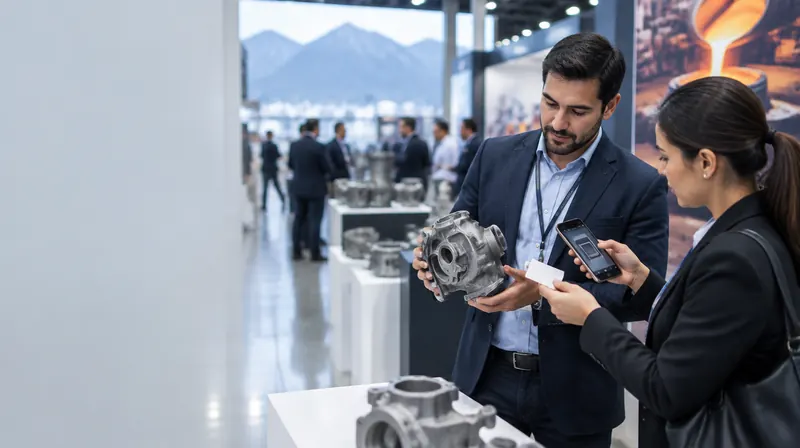 Feria de fundición en Monterrey: un profesional de manufactura escanea una tarjeta de presentación con su celular junto a una pieza metálica fundida