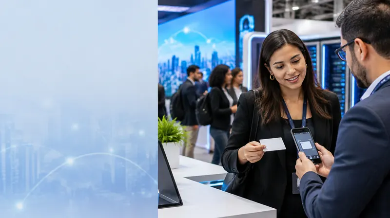 Feira de tecnologia em São Paulo com estandes de infraestrutura digital e conectividade; um profissional digitaliza um cartão de visita com o smartphone