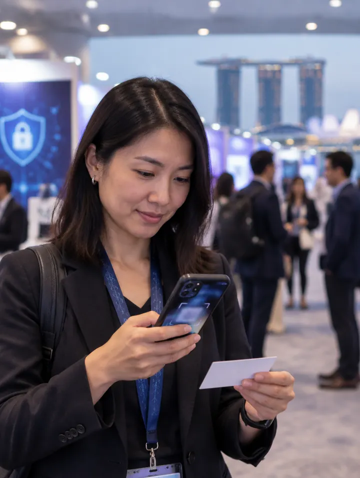 Two professionals exchange a business card and one scans it with a phone