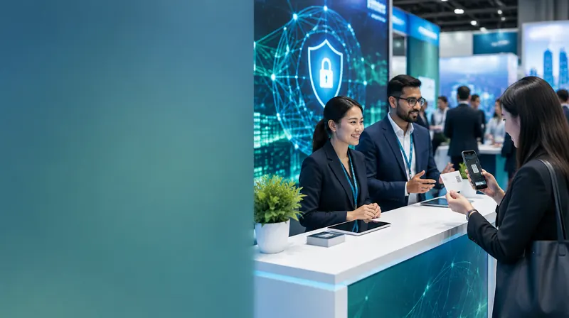 Cybersecurity exhibition in Singapore with abstract secure-network displays on the stands; a professional scans a business card with a smartphone