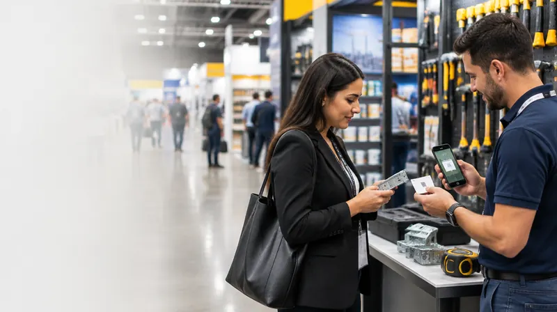 Un comprador y un proveedor revisan herramientas en una feria ferretera en Corferias, Bogotá, mientras uno escanea una tarjeta de presentación con el celular