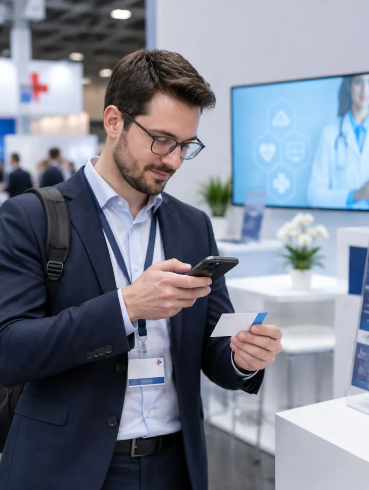 Zwei Fachleute tauschen eine Visitenkarte aus und scannen sie mit einem Smartphone