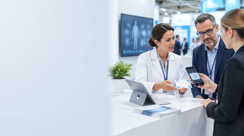 Medizintechnikmesse in Düsseldorf: Fachleute im Gespräch an einem Messestand, eine Person scannt eine Visitenkarte mit dem Smartphone