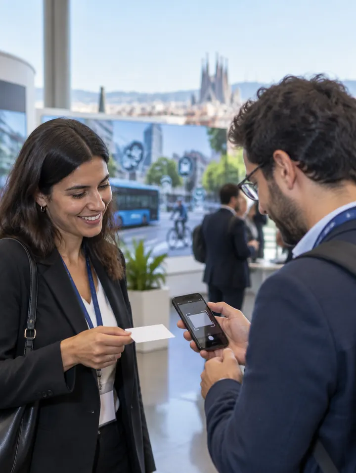 Dos profesionales intercambian una tarjeta de visita y la escanean con un teléfono móvil en un congreso de ciudades inteligentes