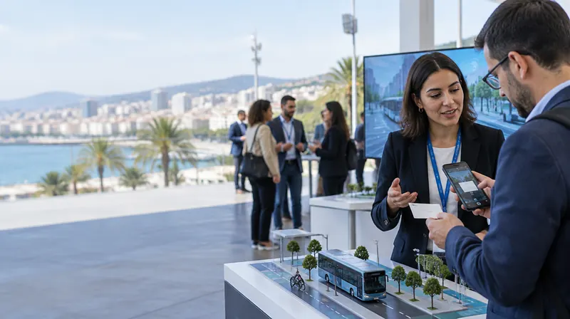 Profesionales de tecnología urbana conversan junto a una exposición de movilidad inteligente en un congreso de Barcelona mientras uno escanea una tarjeta de visita con el móvil