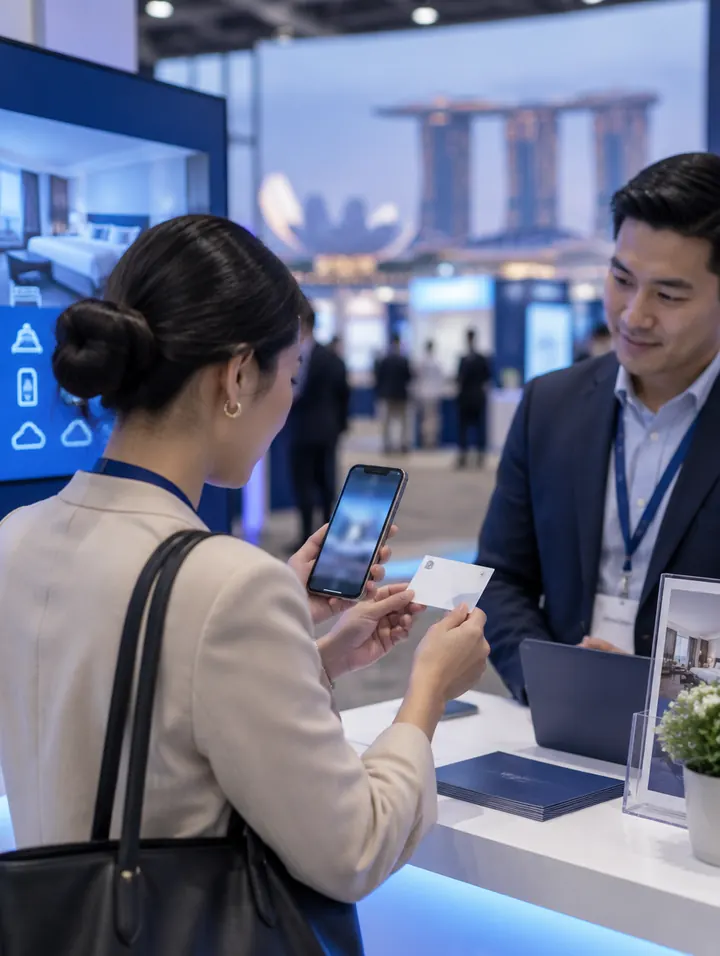 Two travel technology professionals exchange a business card and one scans it with a phone