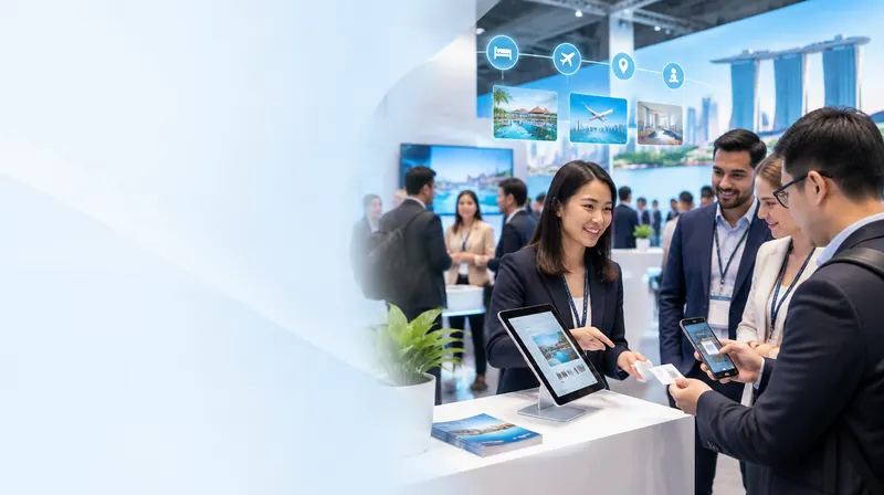 Travel technology exhibition in Singapore with booking and guest-journey visuals on the stands; a professional scans a business card with a smartphone